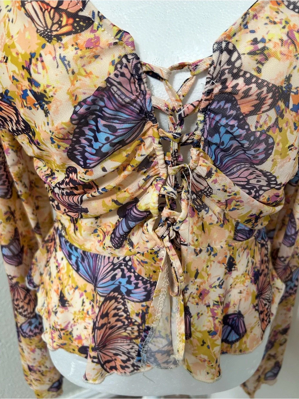 Butterfly Print Peplum Blouse - Peach Floral - Picture 3 of 8